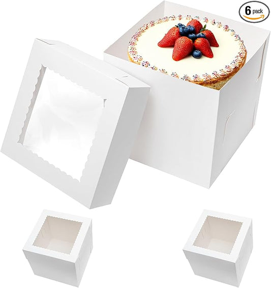 6 Pack Tall Cake Boxes for Tier Cakes 10x10x10 Inch Disposable Layer Tall Baking Carrier with Window Large Cardboard Tierd Bakery Take Out Transport Containers for Wedding, Birthday, Party