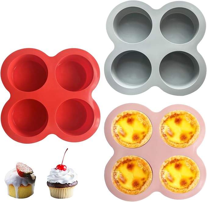 Reusable Silicone Air Fryer Egg Mold, Silicone Muffin Pans for Baking, Hamburger Bun Pan（Red + Pink + Grey）