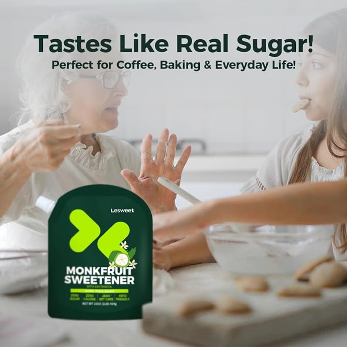 Lesweet Monk Fruit Sweetener with Erythritol, Monk Fruit Extract, 1:1 White Sugar Substitute, Zero Calorie, Keto Friendly, Non-GMO, Perfect for Coffee & Baking, 16 oz (Pack of 1)