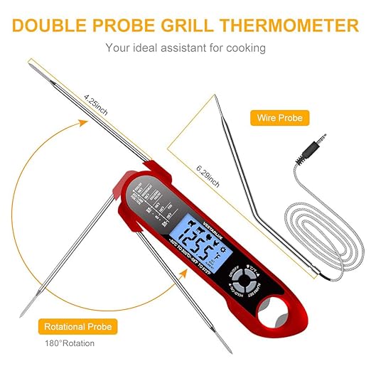 Digital Meat Thermometer – Waterproof Instant Read Food Thermometer for Cooking with Dual Probes, Backlight, Alarm, ºF/ºC for Steak, Oil, Frying, Candy, Grill, BBQ, Smoker, Oven