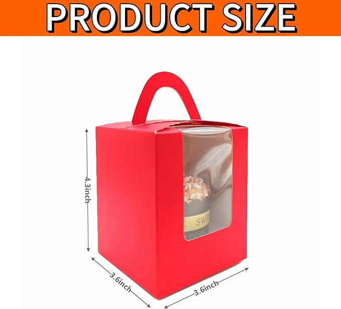 50-Set Individual Cupcake Boxes Bulk with Clear Display Window, Disposable Food Grade Red Cupcake Carrier Cupcake Container, Perfect for Cupcakes Muffins Cookies Pastries