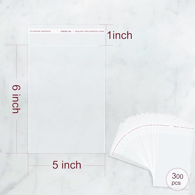 300PCS Clear Self Sealing Cellophane Bags - Cookie, Candy & Bread Bags (5x6 Inches)