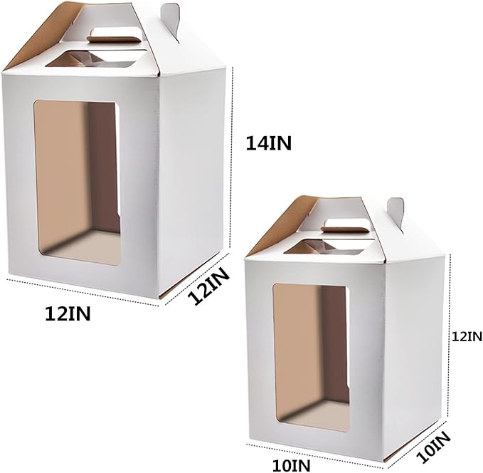 KBG Tall Cake Boxes with Window, Tiered Cake Boxes 10x10x12 & 12x12x14 Inch, Cake Carrier with 2 Cake Boards, Disposable Containers for 10 & 12 Inch