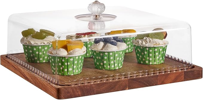 Cake Stand with Lid, 11.6″ Square Small-Sized Cake Holder, Acacia Solid Wood Dessert Table Display Set, Charcuterie Board for Cheese ,Fruit Platter, Large Acrylic Cake Dome Cover