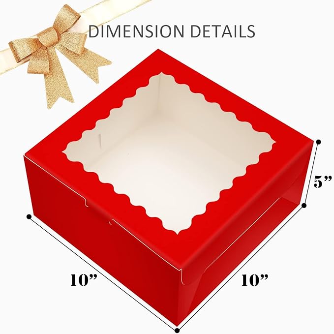 Bakepacker 36pcs 10x10x5 Inches Red Cake Boxes with Window 18-Packs, 10 Inch Bakery Boxes (18 Cake Boxes +18 Cake Boards Included)