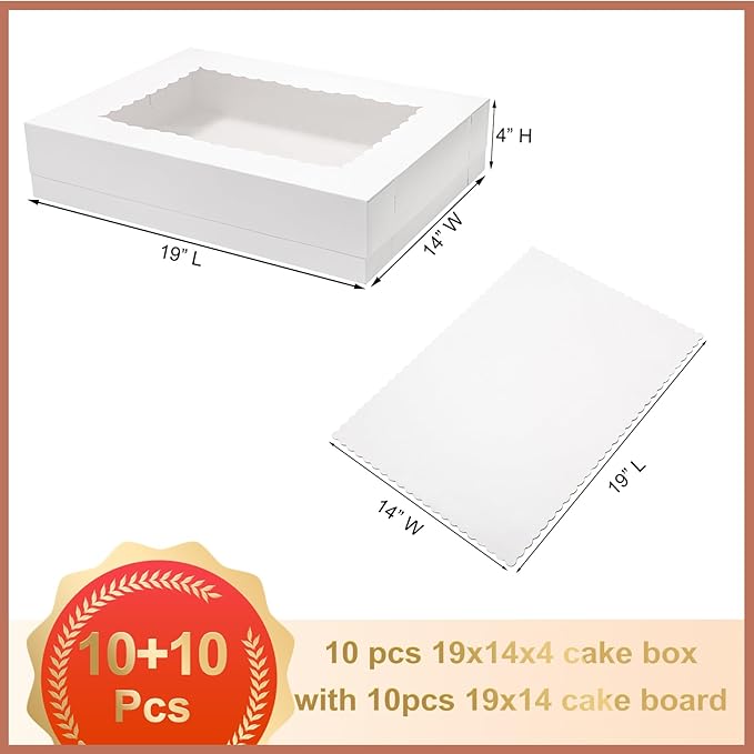 10pcs 19x14x4 Half Sheet Cake Boxes with 10pcs Cake Boards Rectangle 1/2 Sheet Bakery Boxes with Window for Pastry Baking Cake, Cupcakes, Donuts, Cookies, Pie Treat Packaging White Large
