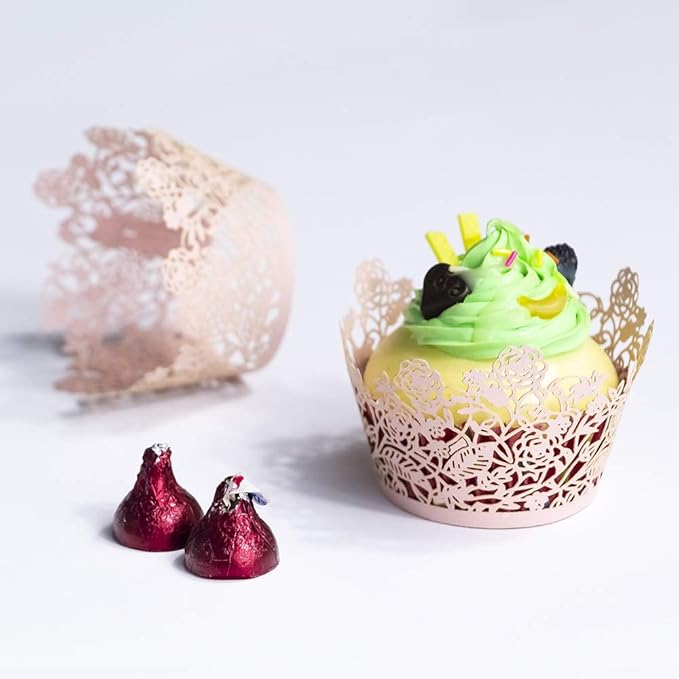 YOZATIA 60pcs Pink Rose Lace Cupcake Wrappers Holders, Laser Cut Cupcake Liners Decorative Liners for Wedding Party Birthday Cake Decoration Supplies