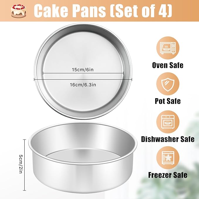 Round Cake Pan Set of 4, 6 inch Stainless Steel Cake,Small Baking Pans For Baking, Serving, Steaming, Mirror Finish & Dishwasher Safe