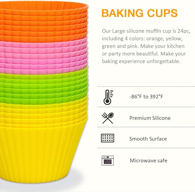 Extra Large Silicone Muffin Cups 24 Pack, 3.54 Inch Silicone Cupcake Liners, Reusable Jumbo Baking Cups Easy to Clean, Great for Cupcake, Muffin, Mousse