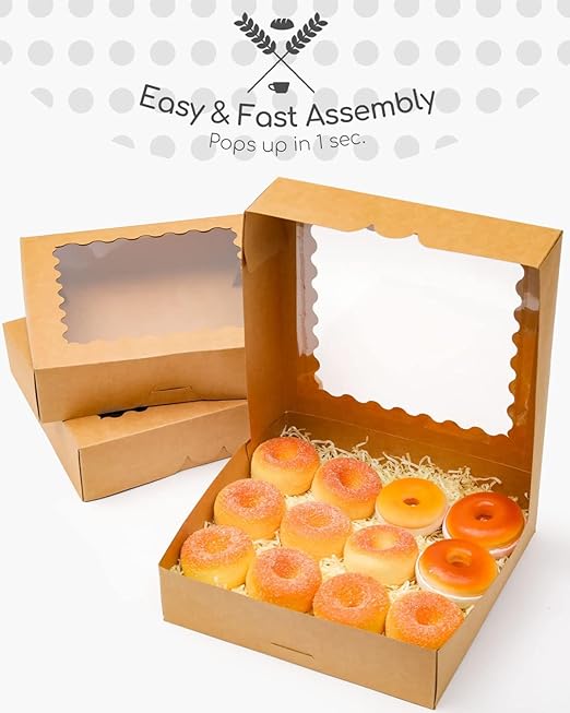 qiqee 8x8x2.5 Inch Brown Pastry Box With Window Donut Pie Boxes 12pcs Bakery Box (Auto-pop Up)