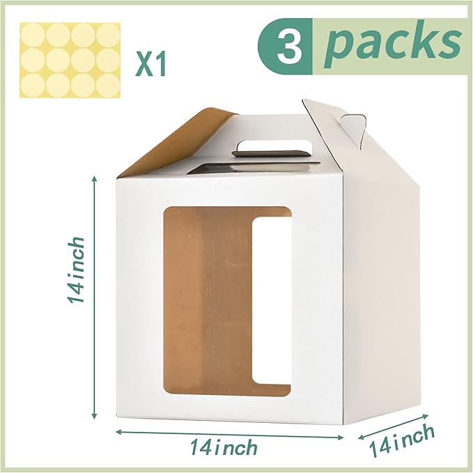 14x14x14 Inch Tall Cake Boxes for Tier Cakes,3pack Large Tiered Cake Boxes with windows, 12in 14in Sturdy Layer Cake Carrier,Disposable Cake Containers