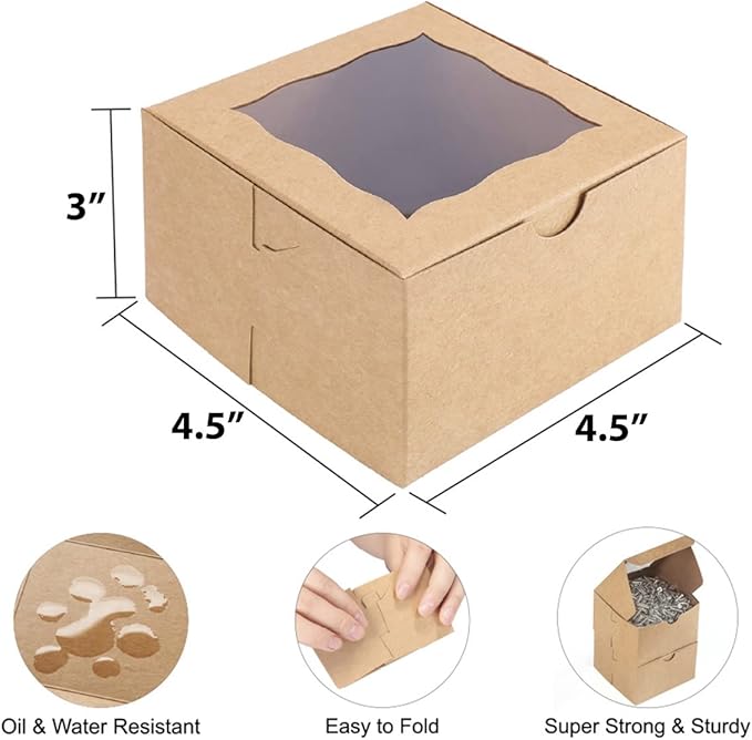 Cookie Boxes with Window 4.5x4.5x3 Inch-50 Pack Premium&Oil Resistant,Brown Bakery Box,Mini Treat Boxes for Mini Bundt Cake and Individual Cheesecakes