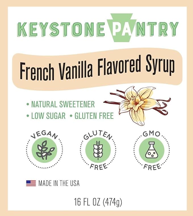 Keystone Pantry French Vanilla Flavored Syrup 1 pint bottle Natural Sweetener, Low Sugar, Gluten Free, Vegan, GMO Free, Kosher parve