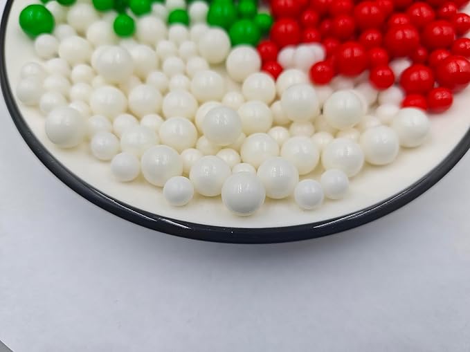 Edible Mixed Christmas 7mm 10mm White Red Green Pearl Sugar Sprinkles, 4.6 oz Candy Pearls Ideal for Baking, Cake Decorating and Cupcake Toppers, Cookie Decoration, Ice Cream Topping