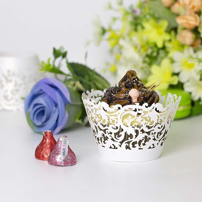 YOZATIA 60 White Vine Lace Cupcake Wrapper, Laser Cut Cupcake Liners for Weddings Birthdays Tea Parties and any Special Event- White