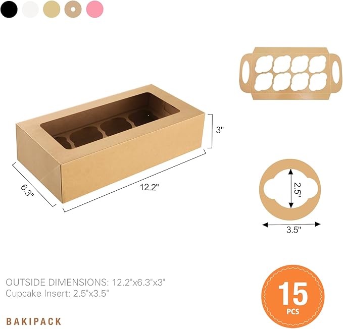 15 Cupcake Boxes 8 Count with Window and Inserts, Kraft Cupcake Containers, Cupcake Boxes for Cupcakes, Muffins, Cookies, Desserts