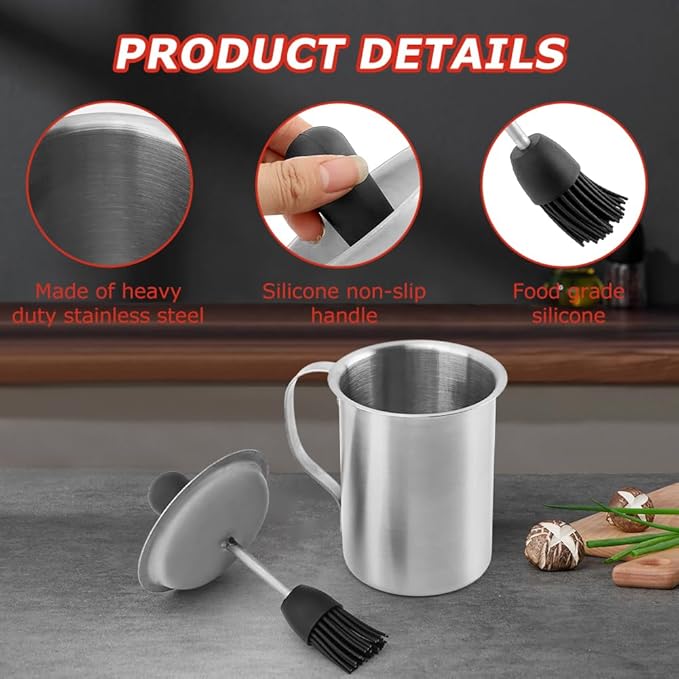 BBQ Sauce Pot and Basting Brush Set, BBQ Sauce Container Cooking Gifts, Meat Baster Set, Barbecue Gadgets Grill Accessories, Silicone Basting Brush for Cooking(COLOR:Silver)