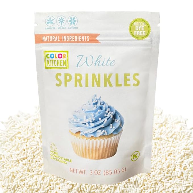 Color Kitchen White Sprinkles Natural Ingredients Baking Cake Decorations, Ice Cream, Cookie, Artificial Dye-free, Plant-Based Colors, Gluten-Free, Non-GMO, No Hydrogenated Oils, Soy-Free, Kosher, 3 OZ