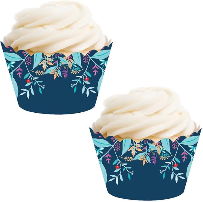 Andaz Press Party Cupcake Wrapper Decorations, Bohemian Vintage Aqua Floral Flowers on Navy Blue, 24-Pack, For Girls 1st Birthday Baby Bridal Shower Tea Party Themed Decorations