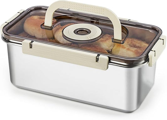 Stainless Steel Bread Box with Handle - a sealed bread storage container featuring a sealed lid and a handle, suitable for time-recording storage. This bread box is ideal for preserving kitchen food