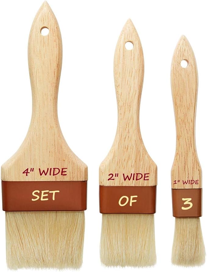 (Set of 3) AME D'ESSENCE 1"x 2" x4" Wide Boar Pastry Brushes, Wooden Handle, Heat Resistant Bristle Basting Brush, Baking Tool, and Food Preparation