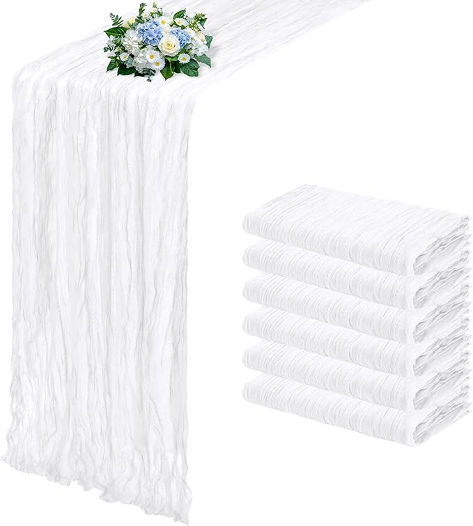 6 Pack White Cheesecloth Table Runner 17x108 Inch Semi Sheer Boho Gauze Cheese Cloth Fabric Table Runners, for Wedding Party Baby Shower Birthday Home Decor Garden Farmhouse