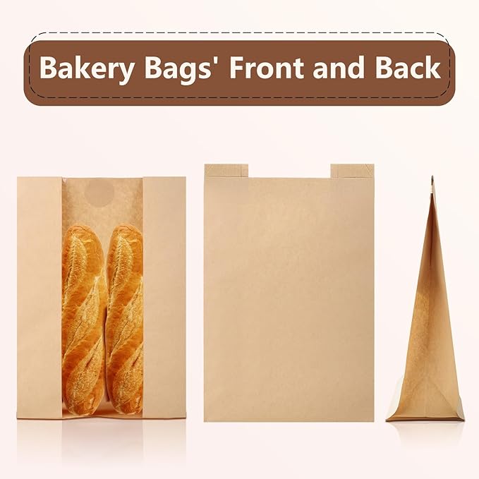 50 Pieces Brown Bakery Bags with Window Paper Bread Loaf Bags Kraft Food Packaging Storage Bakery Bags with Free Stickers