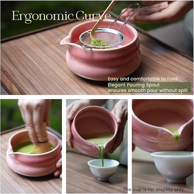 Matcha Whisk Set, 7 Pcs Kit Includes Ceramic Bowl, Traditional Bamboo Whisk and Holder, Scoop, Scoop Rest, Sifter and Tea Towel - Perfect for Matcha Lovers and as gifts (Suntset Pink)