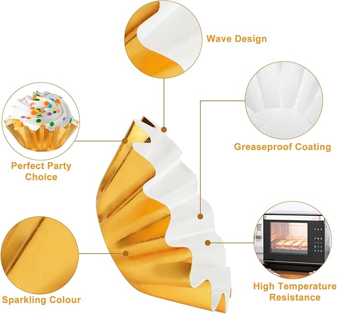 100 PCS Baking Cups Cupcake Liner Flared Brioche Standard Muffin Wrappers Greaseproof Coated Paper Cup for Wedding Birthday Holiday Party or Baby Shower (Gold)