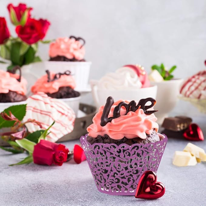 GOLF 100Pcs Cupcake Wrappers Artistic Bake Cake Paper Filigree Little Vine Lace Laser Cut Liner Baking Cup Wraps Muffin CaseTrays for Wedding Party Birthday Decoration (Purple)