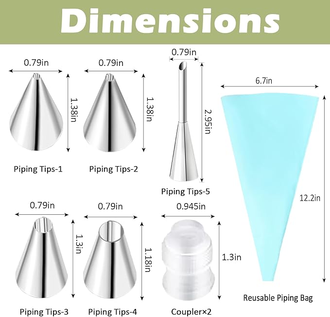 FANTEXY 7 Pieces Piping Tips and Bag Set,Cake Decorating Kit with a Reusable Pastry Bag,5 Round Piping Tips for Cake Writing,Cupcake Frosting Piping Kit,Stainless Steel Tips for Puffs,Macaron Cookie