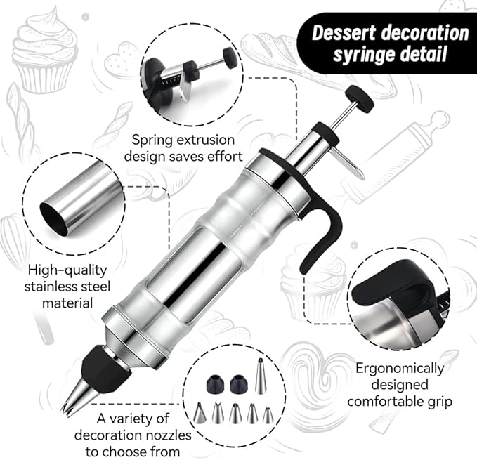 Dessert Decorating Syringe Set with 8 Silicone Cupcake Liners,Frosting Piping Nozzles Kit with 6Piping Tips,Stainless Steels frosting filling injector for Cookie,Cupcake Filler Tool,Dessert decorating