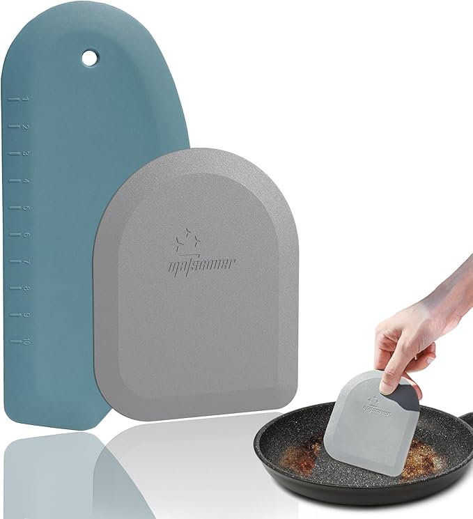 Bowl Scraper Dough Scraper Tool - Set of 2 Silicone Bench Scraper for Baking, Kitchen Pastry Scraper for Bread, Cake, Batter, cheese, Cream, Honey, Jam, Food Scraper with Curved Edge, Blue & Grey