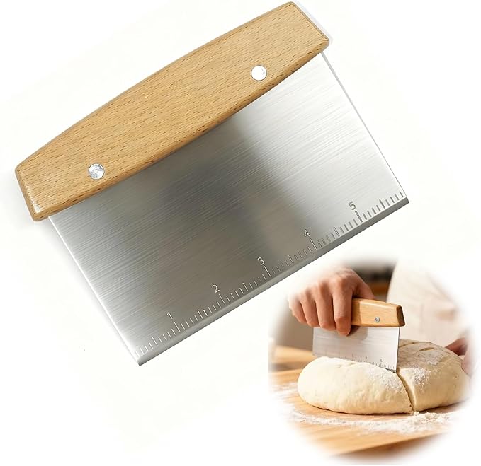 Bench Scraper with Scale, Stainless Steel Dough Cutter and Pizza Cutter, Multipurpose Kitchen Tool for Baking and Cooking, Professional Pastry Scraper for Bread Dough and Pizza