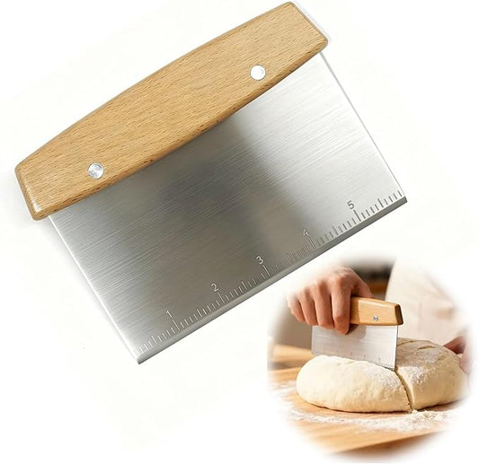 Bench Scraper with Scale, Stainless Steel Dough Cutter and Pizza Cutter, Multipurpose Kitchen Tool for Baking and Cooking, Professional Pastry Scraper for Bread Dough and Pizza