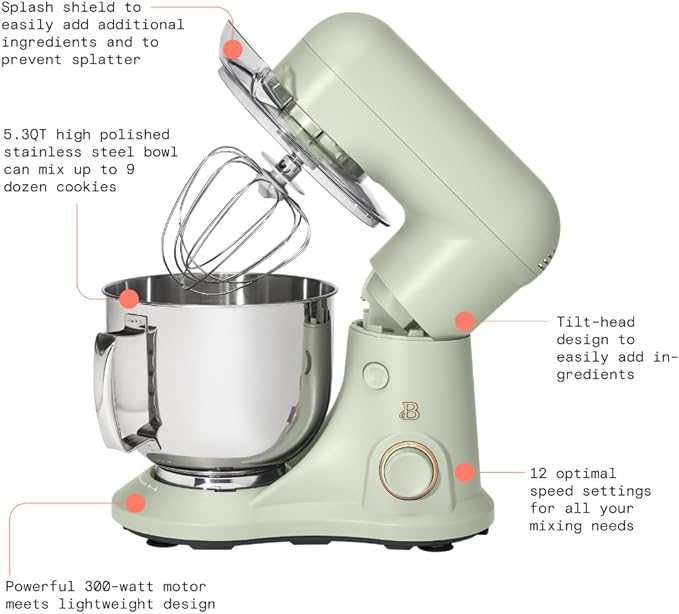 Beautiful 5.3QT 300W Stand Mixer with 12 Speeds, Tilt-Head, Splash Guard & Dishwasher-Safe Accessories, Soft Matte Finish – Mixes Up to 9 Dozen Cookies, Includes Dough Hook & Whisk (Sage Green)
