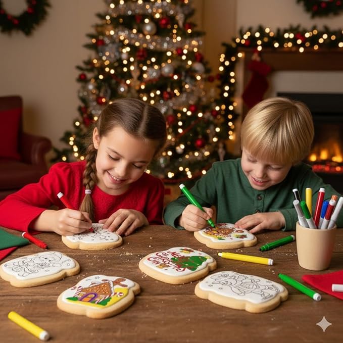 Christmas Cookie Decorating Kit Gift For Kids | 4 Jumbo Cookies + 3 Edible Markers | Holiday Coloring Activity
