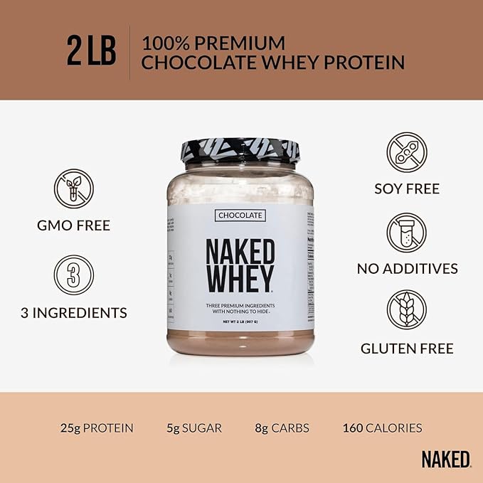 NAKED Whey Chocolate Protein Powder - Only 3 Ingredients - Grass Fed Whey Protein Powder, Organic Chocolate and Organic Coconut Sugar, No GMO, No Soy, and Gluten Free - 24 Servings