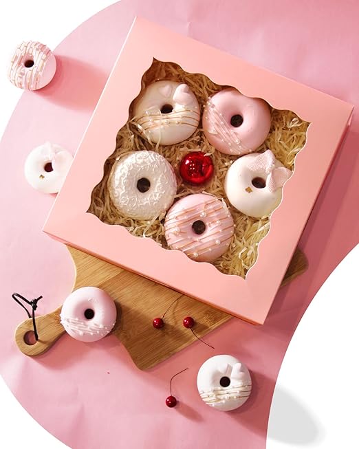 qiqee Auto-pop Up Pink Pie Boxes with Window 10x10x2.5 inch 20Packs Cookie Donut Bakery Box