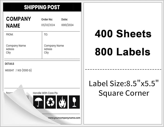 Half Sheet Shipping Labels,Self Adhesive Mailing Labels for Laser & Inkjet Printers,White 8.5x5.5 Half Page Label,400 Sheets