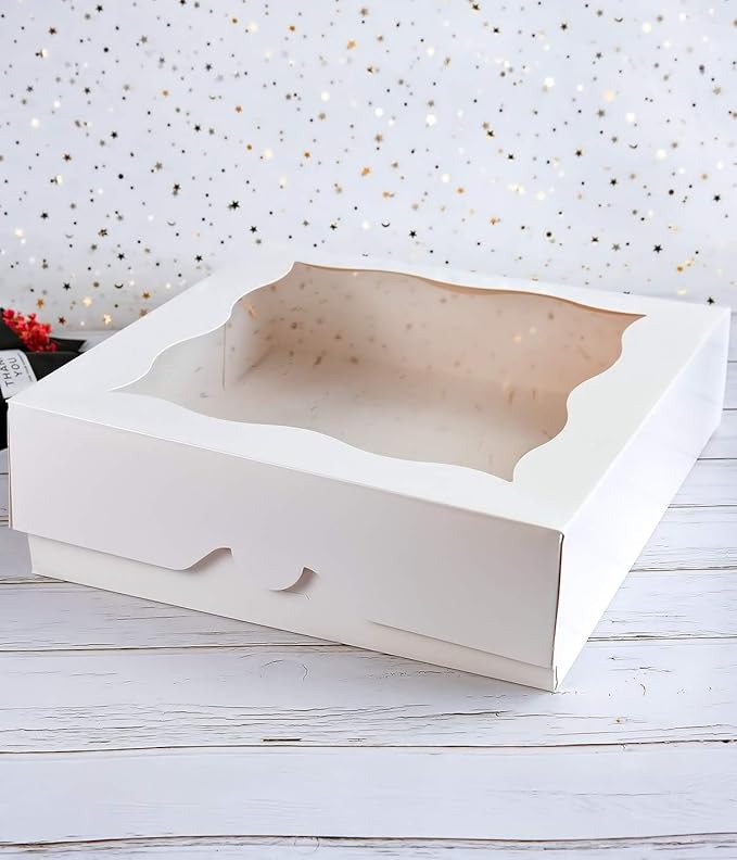 CHERRY 10"x10"x3"White Bakery Boxes with PVC Window for Pie and Cookies Boxes Large Natural Paper Box 10x10x3inch Pack of 15