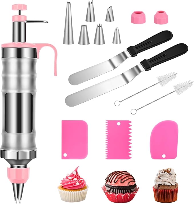Dessert Decorating Syringe Set, Cake Icing Gun with 6 Russian Piping Nozzles & Cream Scraper, Stainless Steel Frosting Piping Kit for Cupcake, Cake Decorating Tools