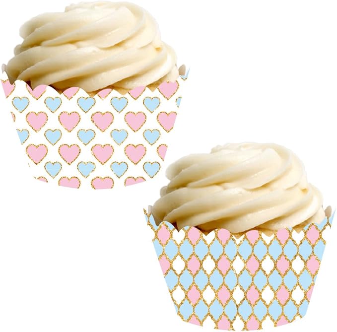Andaz Press Party Cupcake Wrapper Decorations, Pink and Baby Blue Hearts Harlequin, 24-Pack, Theme Colored Bulk Cake Supplies, Gender Reveal Baby Shower 1st Birthday