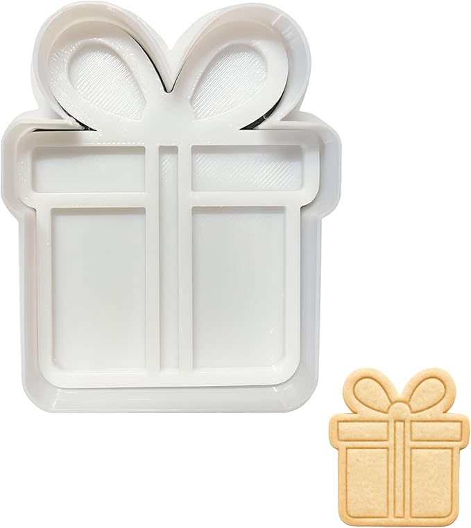 Christmas Gift Cookie Cutter and Stamp Set - 3.5" Gift Box Shape for Cookies, Fondant, Clay - Holiday Birthday Gift Baking Mold Present