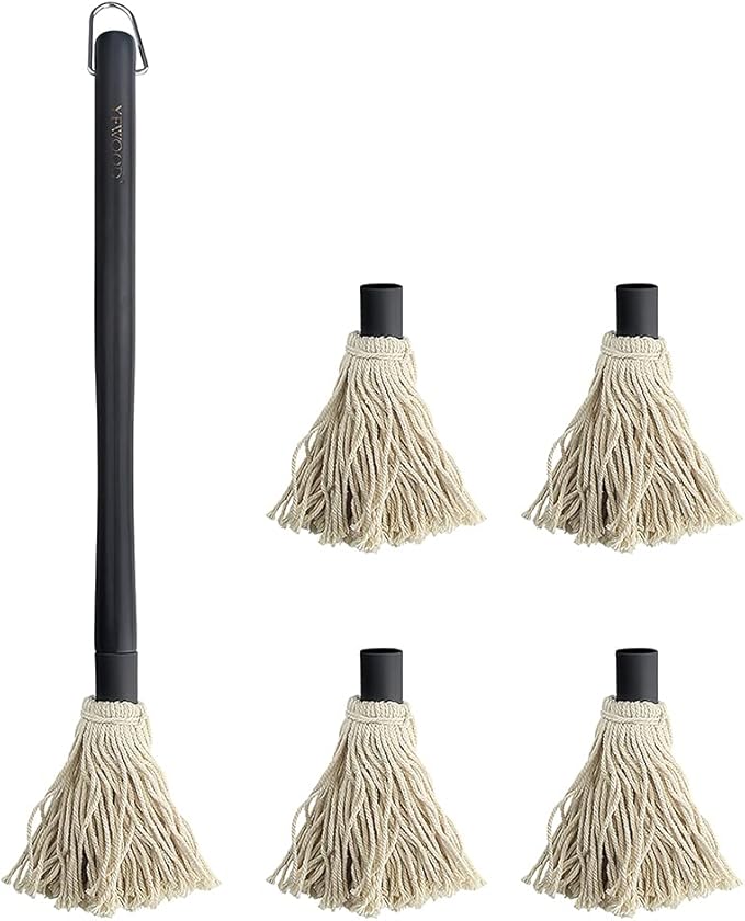 Grill Basting Mop, YFWOOD 18 Inch Grill Basting Brush BBQ Mop Black Wooden Long Handle with 4 Extra Replacement Heads for Grilling Smoking Barbecue Steak