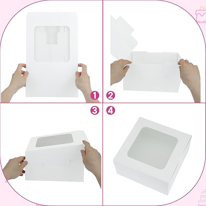 30pcs Cake Boxes and 30 Pack 10 Inch Round Cake Boards,10x10x5 Inches White Square Bakery Boxes with Window Cajas Pasteles for Cookies Pies Cupcakes Pastry