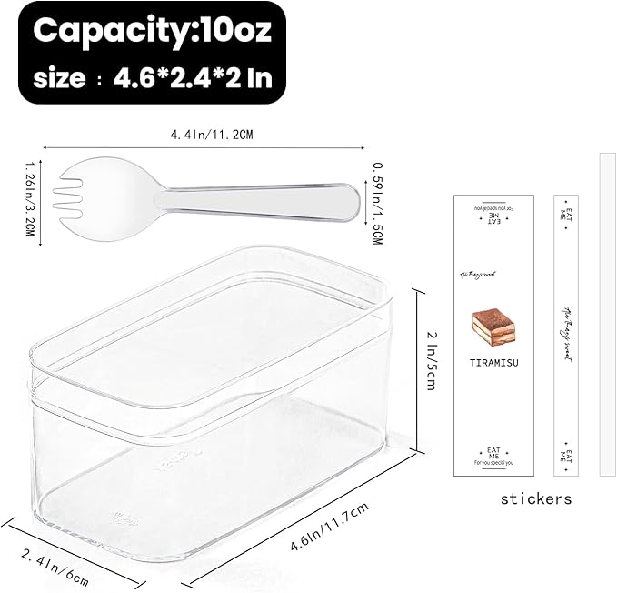Plastic Rectangle Dessert Cups Boxes with Lids and Sporks,packaging for baked,Cookie Tiramisu Containers for Fruit,Pudding,Mousse,Parfait Cups With Lids(8, Rect 4.6*2.4*2 IN-Boxes+Sporks+stickers)