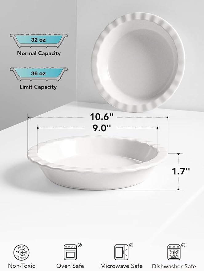 LE TAUCI Ceramic Pie Dish and Pie Weights Set, 9 Inches Pie Pans for Baking, 36 OZ Round Fluted Pie Plates for Apple Pie, Quiche, Pot Pies, Tart – Set of 2, Classic White