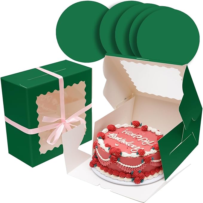 Bakepacker 36pcs 10x10x5 Inches Deep Green Cake Boxes with Window 18-Packs, 10 Inch Bakery Boxes (18 Cake Boxes +18 Cake Boards Included)