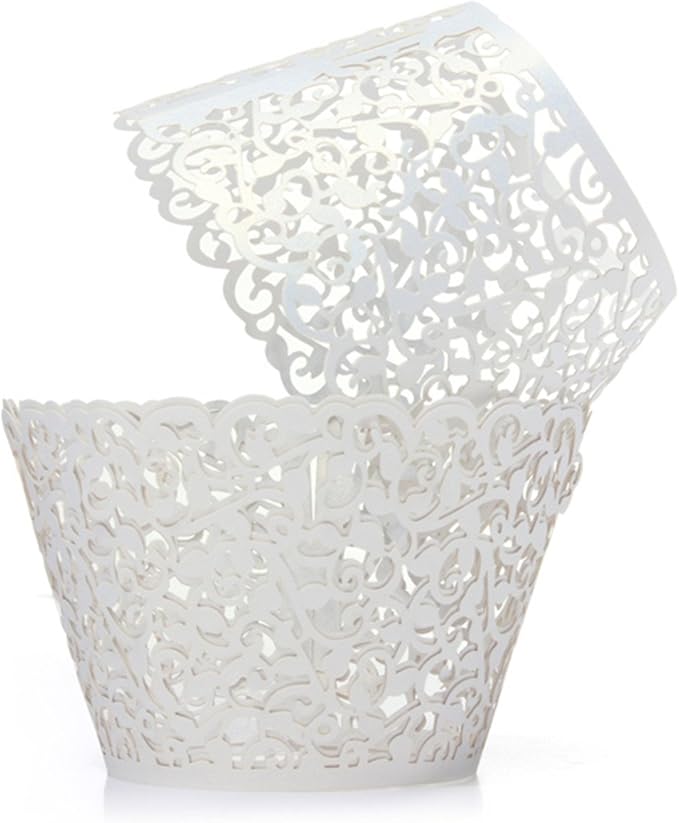 YOZATIA 60PCS Vine White Cupcake Wrapper, Lace Cupcake Wraps Liner for Wedding Party Cake Decoartion (White)
